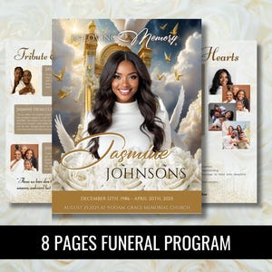 May include: A funeral program with a portrait of a woman, "Jasmine Johnsons", set against a heavenly background with doves and gold accents. The program includes dates, a church name, and the text "8 PAGES FUNERAL PROGRAM".