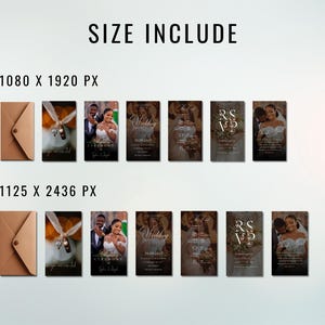 May include: A collection of wedding invitation templates in two sizes, 1080 x 1920 px and 1125 x 2436 px. The designs include envelopes, photos of a couple, and text that reads "Wedding" and "RSVP".