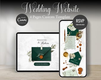 Green and White floral elegant Wedding Website Template: Digital Invitation & RSVP (Instant Download)