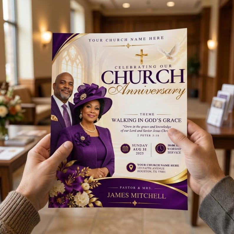 Church Anniversary Flyer Template, Purple Gold Ministry Celebration ...