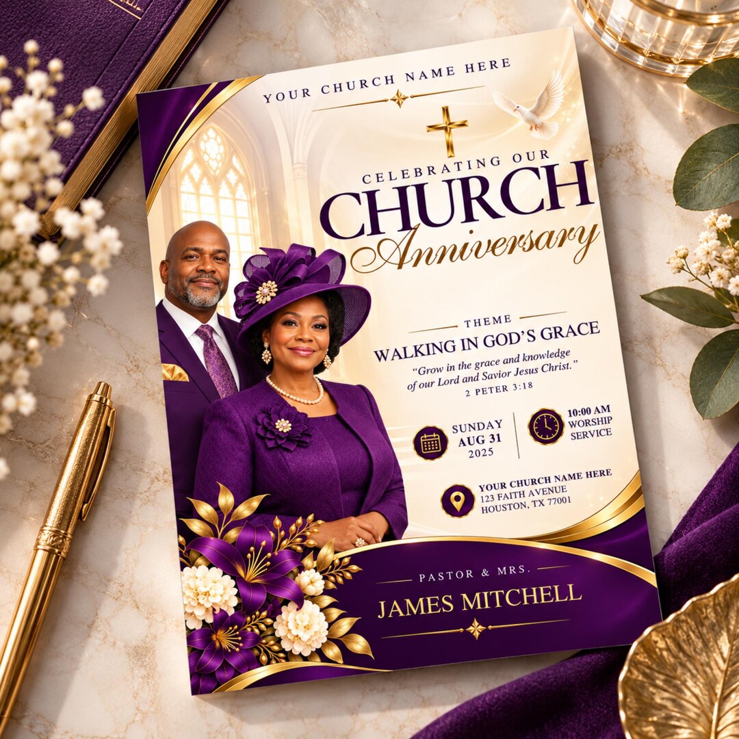 Church Anniversary Flyer Template, Purple Gold Ministry Celebration ...