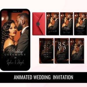 May include: Animated wedding invitation design featuring a couple in formal attire. The design includes a smartphone displaying the invitation, several cards, and a red envelope. The text "Wedding Ceremony of Sophia & Joseph" is visible.