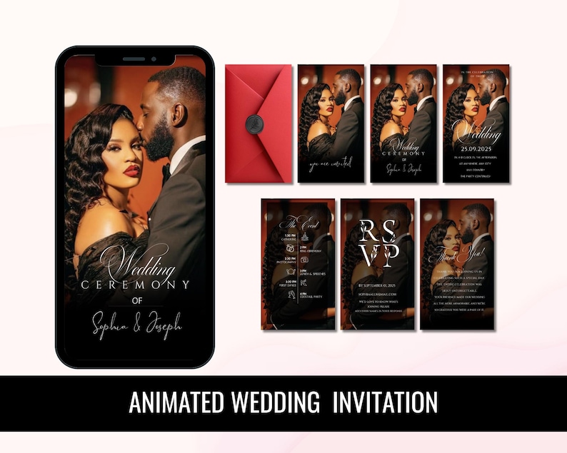 May include: Animated wedding invitation design featuring a couple in formal attire. The design includes a smartphone displaying the invitation, several cards, and a red envelope. The text "Wedding Ceremony of Sophia & Joseph" is visible.