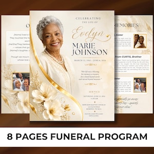 Op de afbeelding: Een achtpagina's tellend uitvaartprogramma met een portret van een ouder persoon met grijs haar, crèmekleurige bloemaccenten en gouden lintdetails. De tekst bevat Celebrating the Life of Evelyn Marie Johnson, data en details over de dienst.