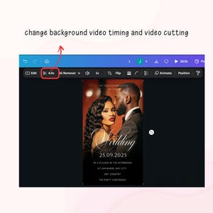 May include: A screenshot of a design software interface. The interface displays a wedding invitation design with a photo of a couple. The text on the invitation reads "Wedding 25.09.2025". The software interface also shows editing tools and a 4.0s video timing option.