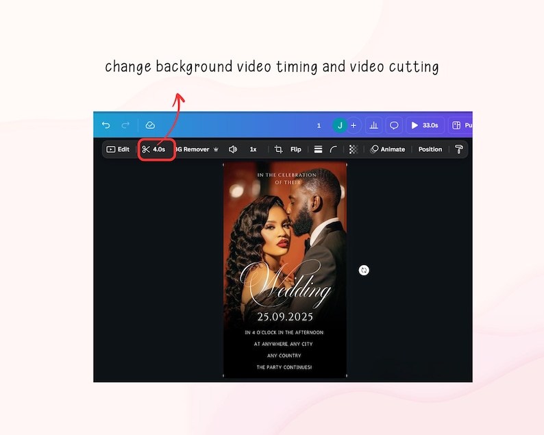 May include: A screenshot of a design software interface. The interface displays a wedding invitation design with a photo of a couple. The text on the invitation reads "Wedding 25.09.2025". The software interface also shows editing tools and a 4.0s video timing option.