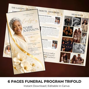 May include: A six-page trifold funeral program template featuring a portrait of a woman, gold floral accents, and text including Celebrating the Life of Evelyn Marie Johnson, March 12, 1945 - June 8, 2024, and New Hope Baptist Church details.