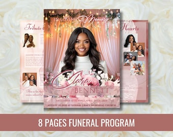 Pink Roses Funeral Program Template: 8-Page Memorial, Obituary (Canva, Digital Download)