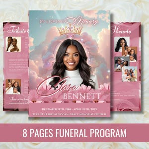 May include: A funeral program with a pink and white floral design. The cover features a photo of a woman, the text "In Loving Memory", and the name "Clara Bennett". The program includes photos and text. The bottom banner reads "8 Pages Funeral Program".