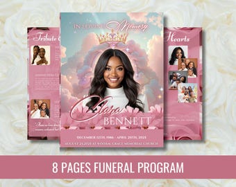 Pink Roses Funeral Program Template: 8-Page Memorial, Obituary (Canva, Digital Download)