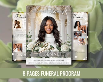 White Roses Funeral Program Template: 8-Page Memorial (PDF)