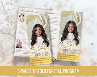 White Roses & Gold Funeral Program: Trifold Memorial Template l Canva Template