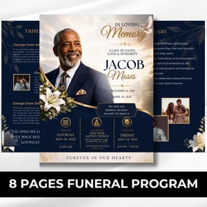 May include: An 8-page funeral programme template featuring a portrait of a man in a suit, white lilies, and a dove. Text includes IN LOVING MEMORY, JACOB MOSES, dates, and service details. The design uses a dark blue and gold colour palette with floral accents.