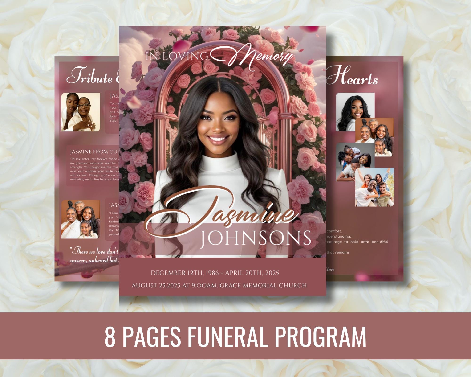 Pink Roses Funeral Program Template: 8-page Obituary (canva, Digital ...