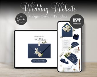 Navy Blue and White Save the Date Website: Canva Digital Invitation Template (Instant Download)