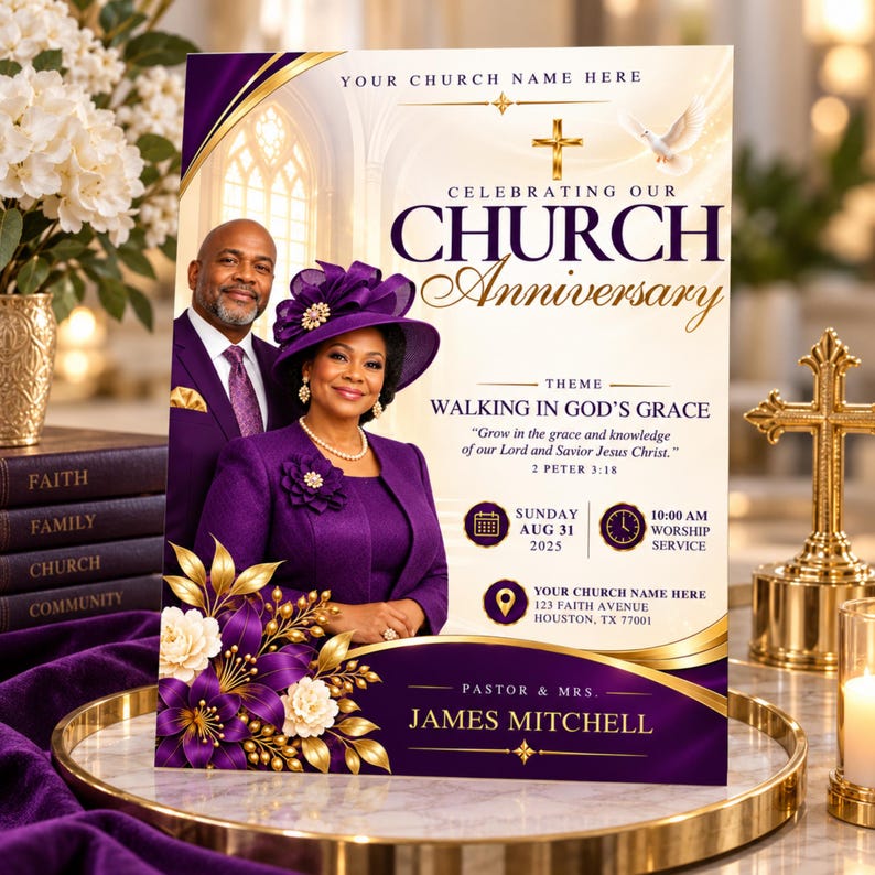 Church Anniversary Flyer Template, Purple Gold Ministry Celebration ...