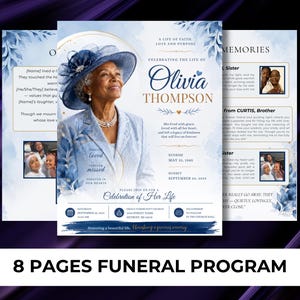 May include: An eight-page funeral program template featuring a blue watercolor floral design. The cover displays a portrait of a woman in a blue hat and suit, with text reading Celebrating the Life of Olivia Thompson, Sunrise May 12, 1985, Sunset September 20, 2024, and Celebration of Her Life.
