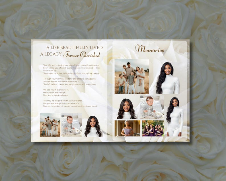 May include: A memorial book spread with the text "A Life Beautifully Lived, A Legacy Forever Cherished" and "Memories." The pages feature family photos and a poem. The background is a soft white floral pattern.