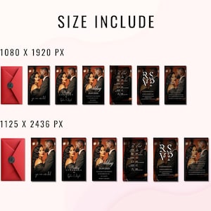 May include: A collection of wedding invitation cards and RSVP cards, featuring a photo of a couple. The cards are black with gold accents and the text "Wedding" and "RSVP". Red envelopes with black wax seals are also included.