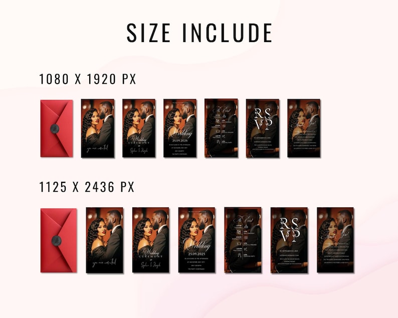 May include: A collection of wedding invitation cards and RSVP cards, featuring a photo of a couple. The cards are black with gold accents and the text "Wedding" and "RSVP". Red envelopes with black wax seals are also included.