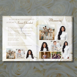 May include: A memorial card with the text "A Life Beautifully Lived, A Legacy Forever Cherished" and "Memories". The card features family photos and a white floral background. The design is elegant and sentimental.