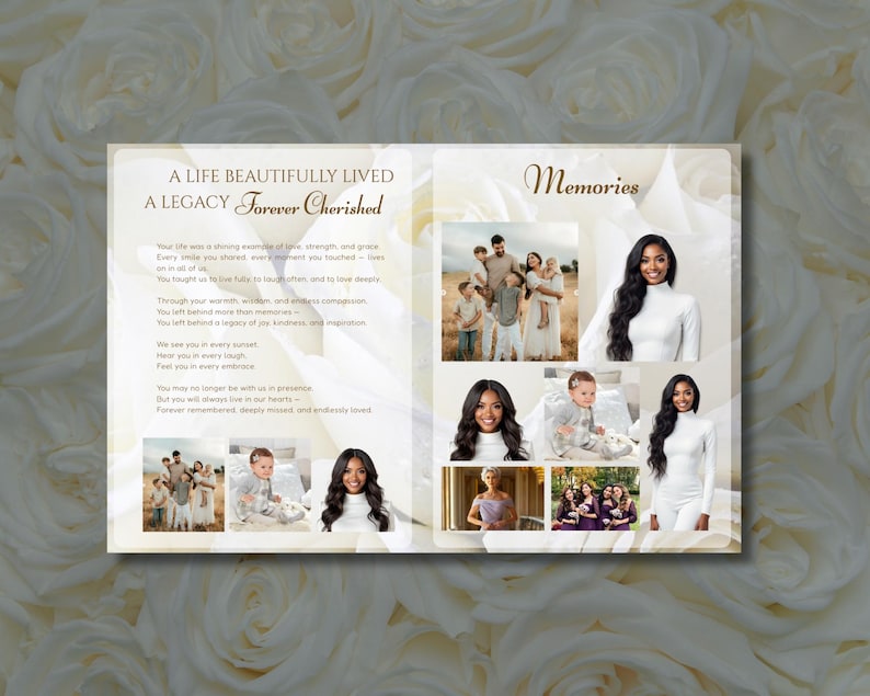 May include: A memorial card with the text "A Life Beautifully Lived, A Legacy Forever Cherished" and "Memories". The card features family photos and a white floral background. The design is elegant and sentimental.