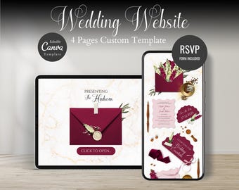 Burgundy and White floral elegant Wedding Website Template: Digital Invitation & RSVP (Instant Download)