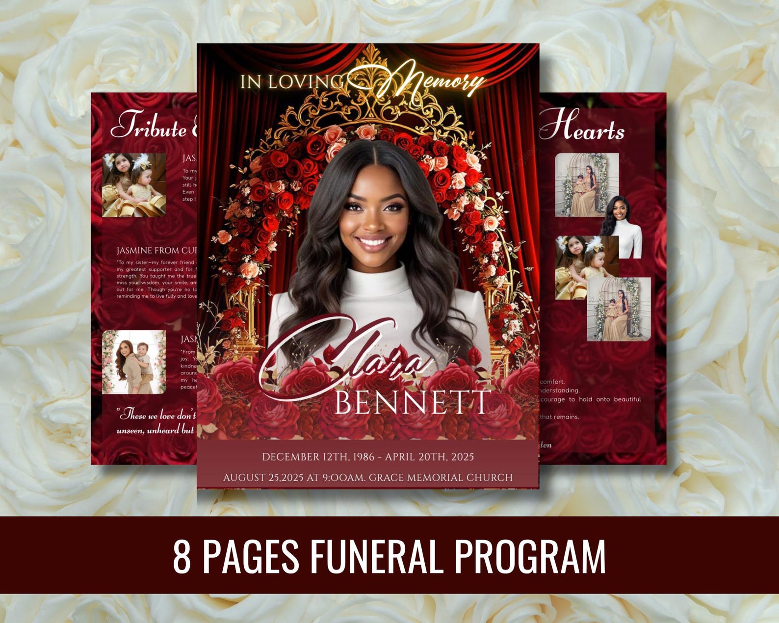 Red Roses Funeral Program Template: 8-page Memorial (canva, Digital ...