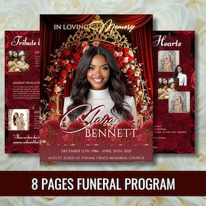 May include: A funeral program featuring a woman's portrait, red roses, and decorative elements. The program includes the text "In Loving Memory" and the name "Clara Bennett". The program is 8 pages long.