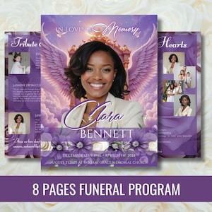 Peut inclure: Un programme funéraire avec une image centrale d'une femme, Clara Bennett, avec des ailes d'ange et le texte "In Loving Memory". Le programme comprend des photos, des dates et le texte "8 Pages Funeral Program."