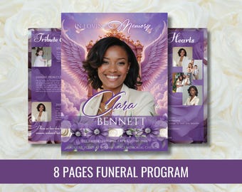 Purple Angel Wings Funeral Program Template, Memorial Service (Digital File)
