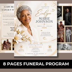 Può includere: Un programma funebre di 8 pagine con il ritratto di una persona anziana dai capelli grigi, accenti floreali dorati e testo che include Celebrating the Life of Evelyn Marie Johnson, March 12, 1945 – June 8, 2024, e i dettagli del servizio.