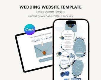 Wedding Website Template with RSVP Dusty Blue  Floral Theme: Editable Canva Design (Digital Download)