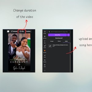 May include: Two screenshots showing a wedding invitation design and an audio upload interface. The wedding invitation features a photo of a couple and the text "Wedding Ceremony of Sophia & Joseph." The other screen shows an audio upload option.