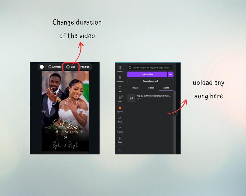 May include: Two screenshots showing a wedding invitation design and an audio upload interface. The wedding invitation features a photo of a couple and the text "Wedding Ceremony of Sophia & Joseph." The other screen shows an audio upload option.