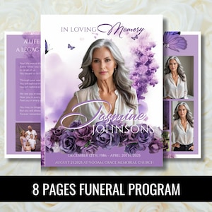 Może przedstawiać: Program pogrzebowy z portretem kobiety, fioletowymi akcentami kwiatowymi i napisem "In Loving Memory". Program zawiera imię "Jasmine Johnsons" i daty. Słowa "8 PAGES FUNERAL PROGRAM" znajdują się na dole.