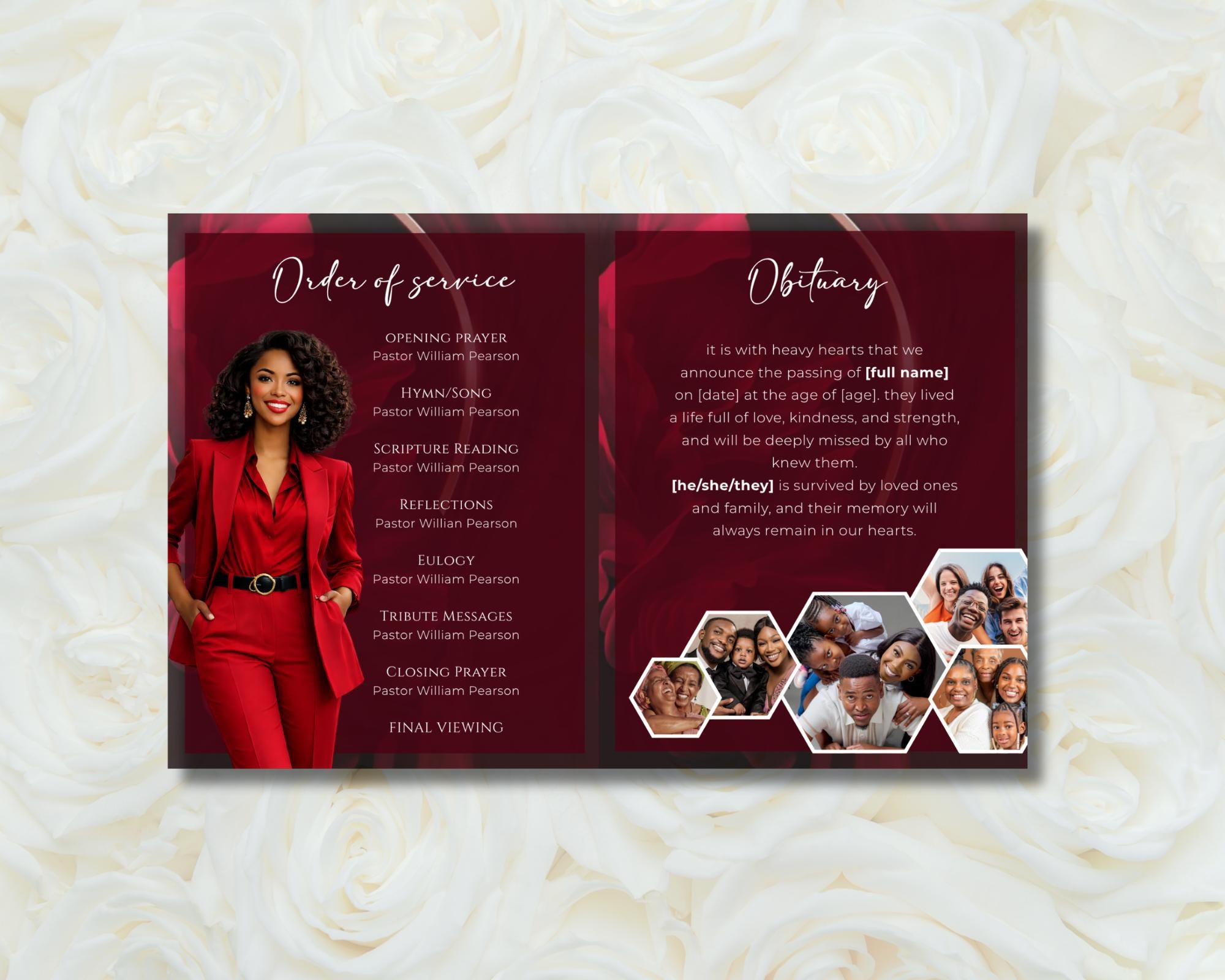 Red Roses Funeral Program Template: 8-page Memorial (canva, Digital ...