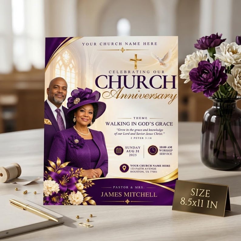 Church Anniversary Flyer Template, Purple Gold Ministry Celebration ...