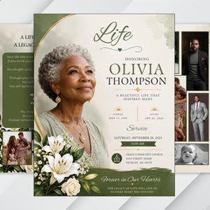 May include: A funeral program template featuring a portrait of an older woman with short gray hair, white lilies, and green watercolor accents. The text includes the name Olivia Thompson, dates, service details, and the phrase Forever in Our Hearts.