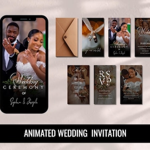 May include: An animated wedding invitation displayed on a smartphone, featuring a couple in formal attire. Additional cards include RSVP and thank you notes, and a brown envelope. The text "Wedding Ceremony of Sophia & Joseph" is visible.