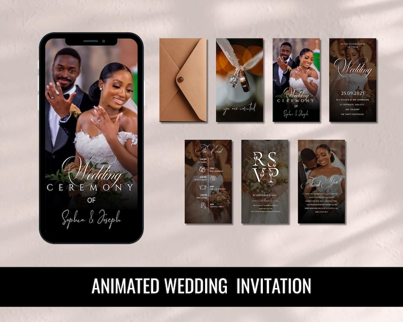 May include: An animated wedding invitation displayed on a smartphone, featuring a couple in formal attire. Additional cards include RSVP and thank you notes, and a brown envelope. The text "Wedding Ceremony of Sophia & Joseph" is visible.