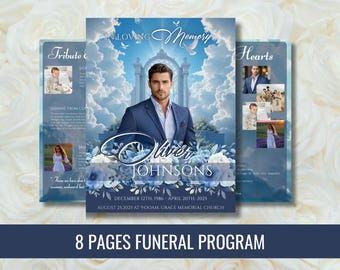 Blue Roses Funeral Program Template, Obituary Memorial (Digital Download)