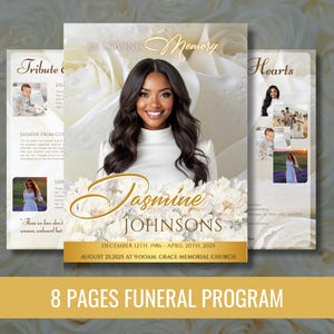 May include: A funeral program featuring a woman's portrait, framed by white roses. The program includes the name "Jasmine Johnsons", dates, and the text "8 Pages Funeral Program". Additional photos and text are visible.