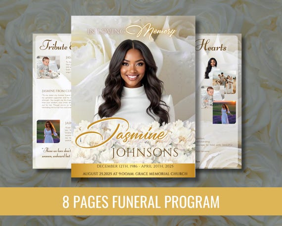White Roses Funeral Program Template, Celebration of Life (Canva Template)