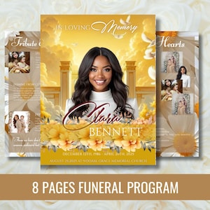 May include: A funeral program with a central image of a woman, surrounded by floral and decorative elements. The program includes the text "In Loving Memory" and the name "Clara Bennett". Additional pages feature photos and text. The program is designed with a golden color scheme.