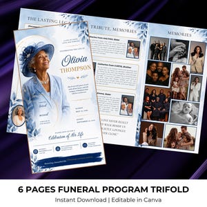 May include: A six-page trifold funeral program template featuring a blue and white floral design. The front cover displays a portrait of a woman in a blue hat and suit, with the text Olivia Thompson, Celebration of Her Life, and service details.