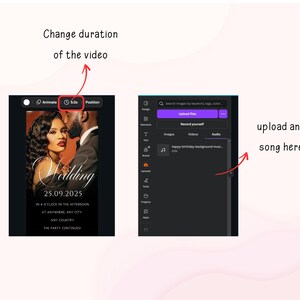 May include: A digital wedding invitation design with a photo of a couple, the word "Wedding", and the date 25.09.2025. The image also shows a screen with options to change video duration and upload audio.
