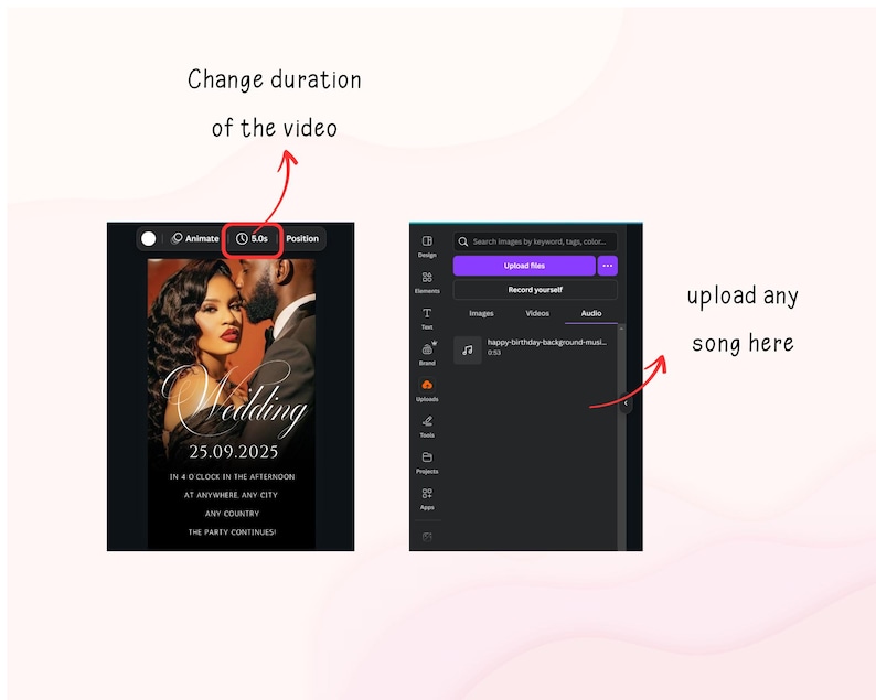 May include: A digital wedding invitation design with a photo of a couple, the word "Wedding", and the date 25.09.2025. The image also shows a screen with options to change video duration and upload audio.
