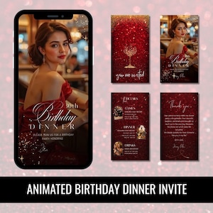 Animated Birthday Party Invitation Video Template, Editable Canva Invite, Women’s 30th 40th 50th Birthday Dinner Digital Evite