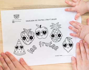 Frutas: ¡7 hojas para colorear bilingües para ayudar a tus pequeños a aprender y practicar nuevas palabras en español!